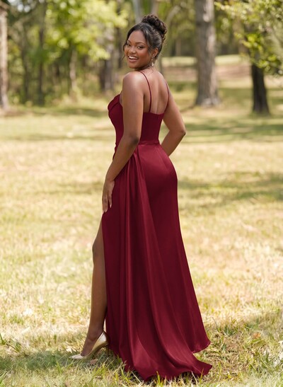 Unique Cowl Neck Spaghetti Straps Corset Bridesmaid Dresses With Sweeping Side Drape