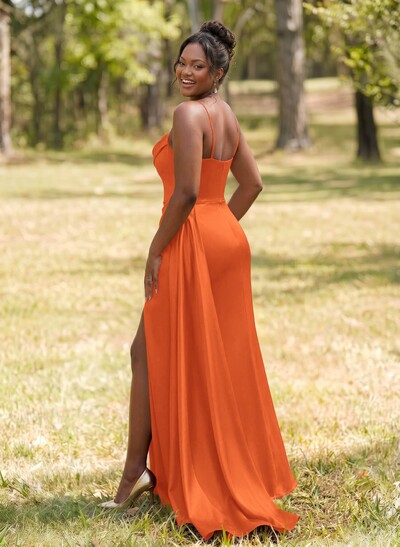 Unique Cowl Neck Spaghetti Straps Corset Bridesmaid Dresses With Sweeping Side Drape
