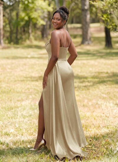 Unique Cowl Neck Spaghetti Straps Corset Bridesmaid Dresses With Sweeping Side Drape
