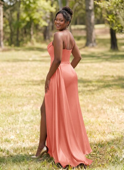 Unique Cowl Neck Spaghetti Straps Corset Bridesmaid Dresses With Sweeping Side Drape