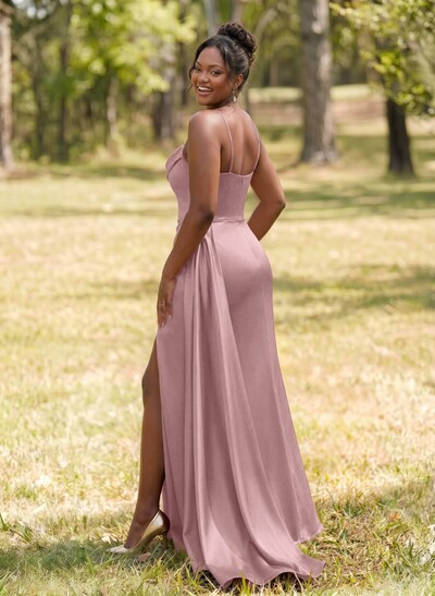 Unique Cowl Neck Spaghetti Straps Corset Bridesmaid Dresses With Sweeping Side Drape