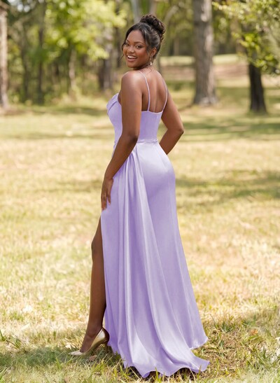Unique Cowl Neck Spaghetti Straps Corset Bridesmaid Dresses With Sweeping Side Drape
