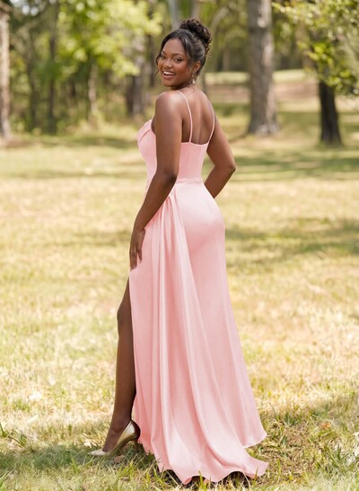 Unique Cowl Neck Spaghetti Straps Corset Bridesmaid Dresses With Sweeping Side Drape