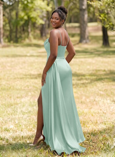 Unique Cowl Neck Spaghetti Straps Corset Bridesmaid Dresses With Sweeping Side Drape
