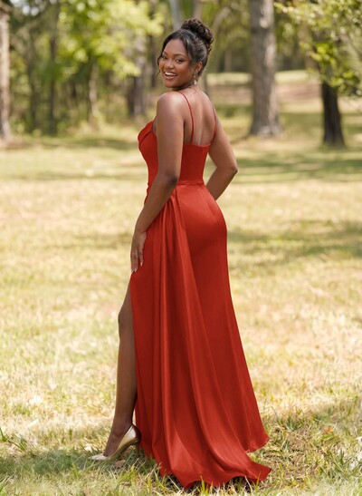 Unique Cowl Neck Spaghetti Straps Corset Bridesmaid Dresses With Sweeping Side Drape