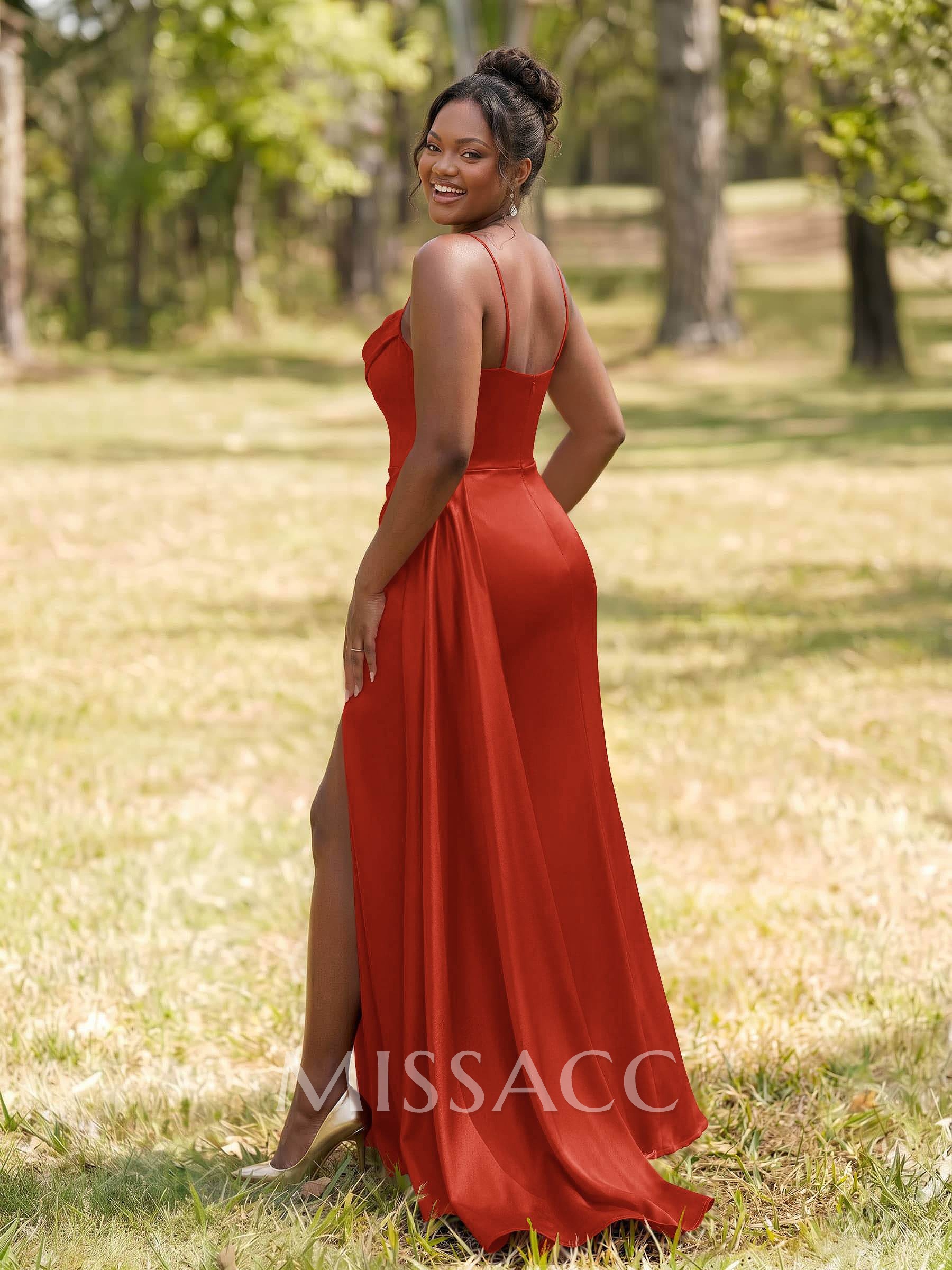 Unique Cowl Neck Spaghetti Straps Corset Bridesmaid Dresses With Sweeping Side Drape Unique Cowl Neck Spaghetti Straps Corset Bridesmaid Dresses With Sweeping Side Drape