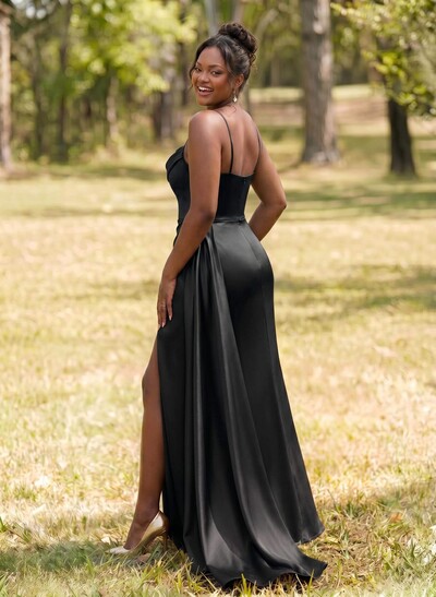 Unique Cowl Neck Spaghetti Straps Corset Bridesmaid Dresses With Sweeping Side Drape