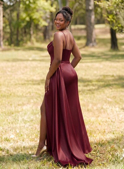 Unique Cowl Neck Spaghetti Straps Corset Bridesmaid Dresses With Sweeping Side Drape