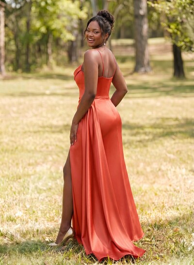 Unique Cowl Neck Spaghetti Straps Corset Bridesmaid Dresses With Sweeping Side Drape