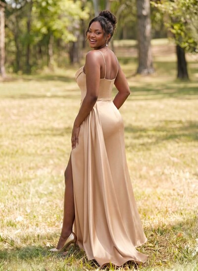 Unique Cowl Neck Spaghetti Straps Corset Bridesmaid Dresses With Sweeping Side Drape
