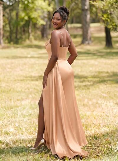 Unique Cowl Neck Spaghetti Straps Corset Bridesmaid Dresses With Sweeping Side Drape