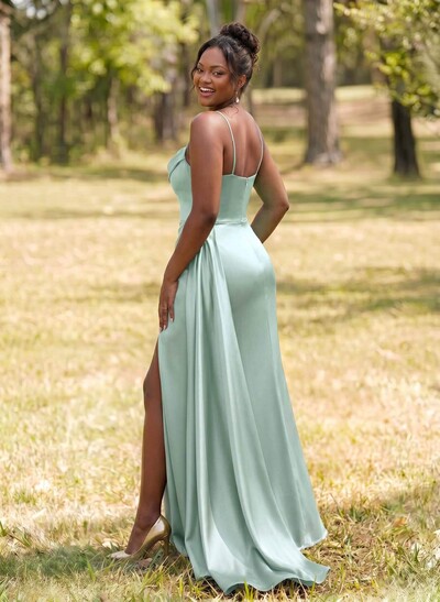 Unique Cowl Neck Spaghetti Straps Corset Bridesmaid Dresses With Sweeping Side Drape