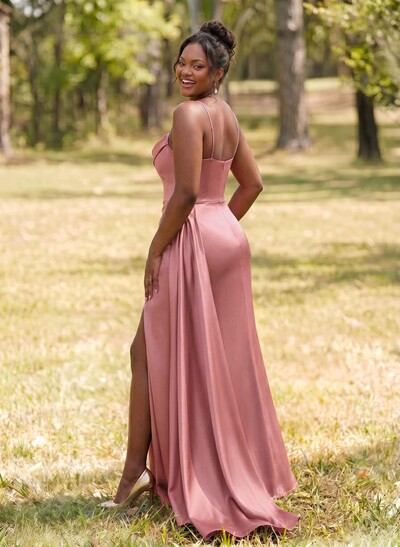Unique Cowl Neck Spaghetti Straps Corset Bridesmaid Dresses With Sweeping Side Drape