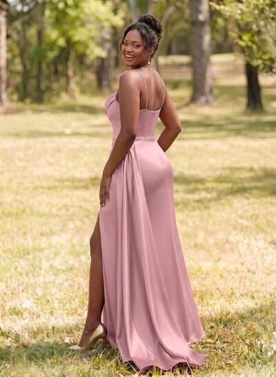 Unique Cowl Neck Spaghetti Straps Corset Bridesmaid Dresses With Sweeping Side Drape