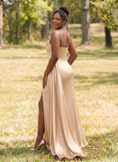 Unique Cowl Neck Spaghetti Straps Corset Bridesmaid Dresses With Sweeping Side Drape