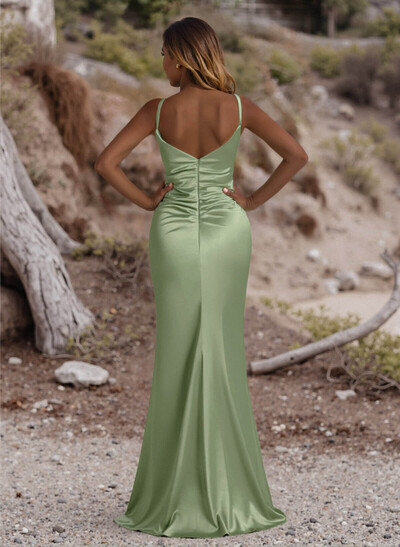 Simple V-Neck Spaghetti Straps Satin Bridesmaid Dresses With High Split