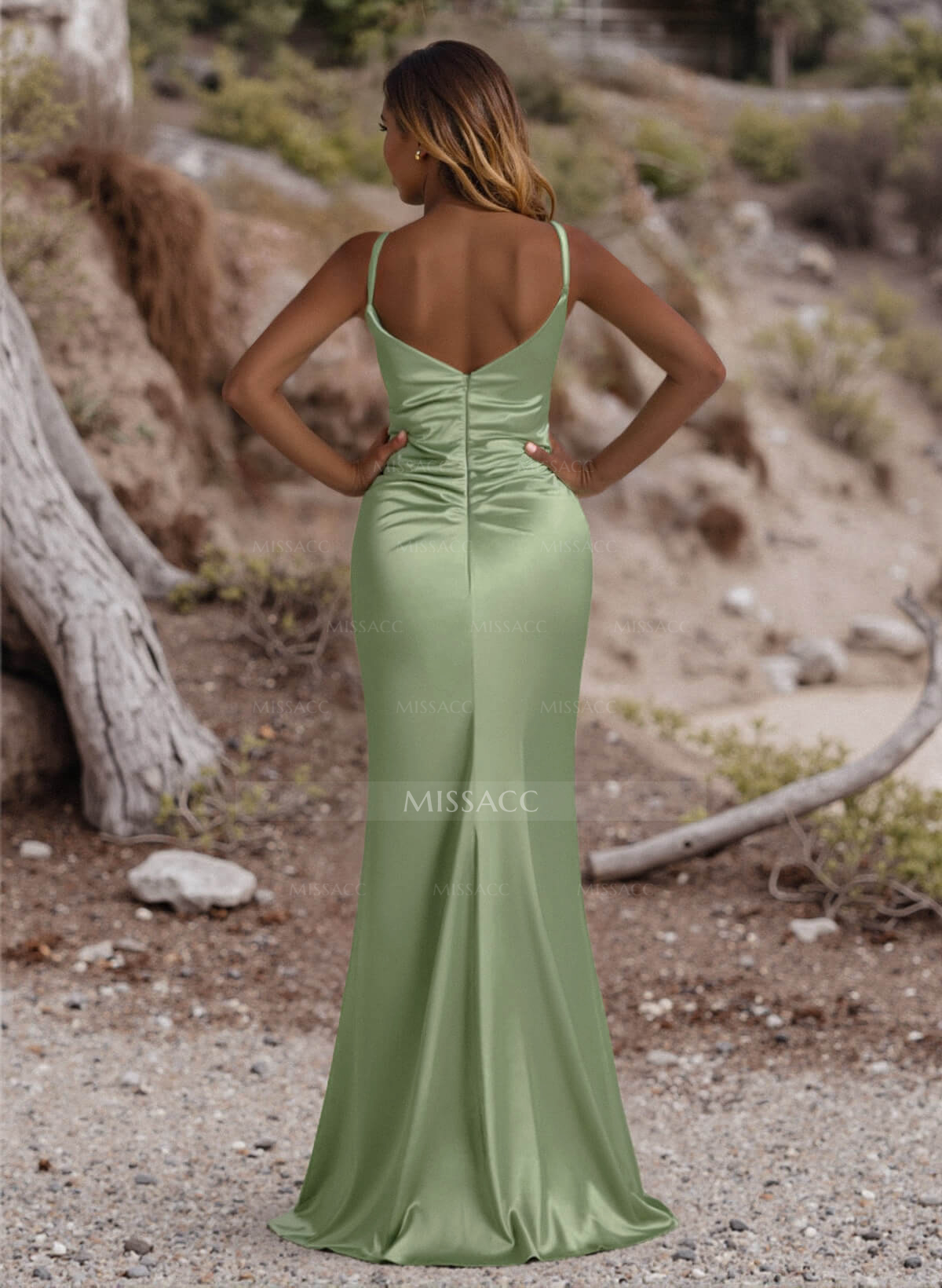 Simple V-Neck Spaghetti Straps Satin Bridesmaid Dresses With High Split
