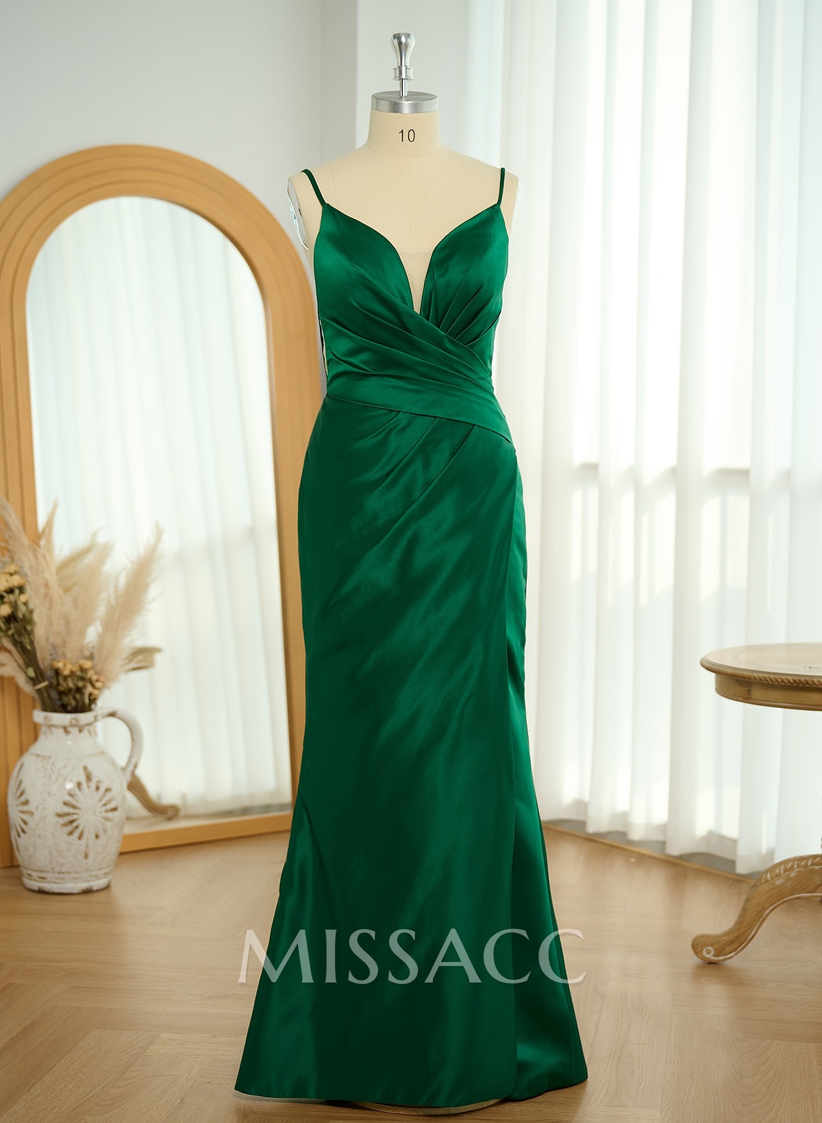 Simple V-Neck Spaghetti Straps Satin Bridesmaid Dresses With High Split