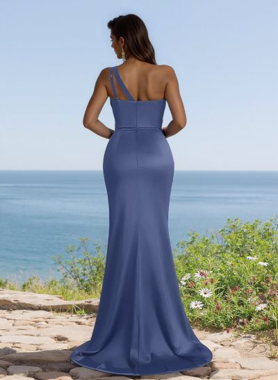 Flattering One-Shoulder Spaghetti Straps Fit And Flare Bridesmaid Dresses With Ruched