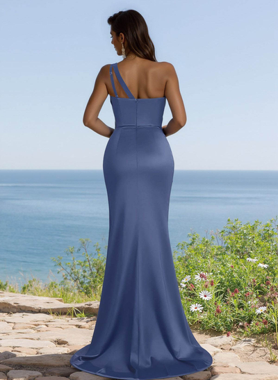 Flattering One-Shoulder Spaghetti Straps Fit And Flare Bridesmaid Dresses With Ruched