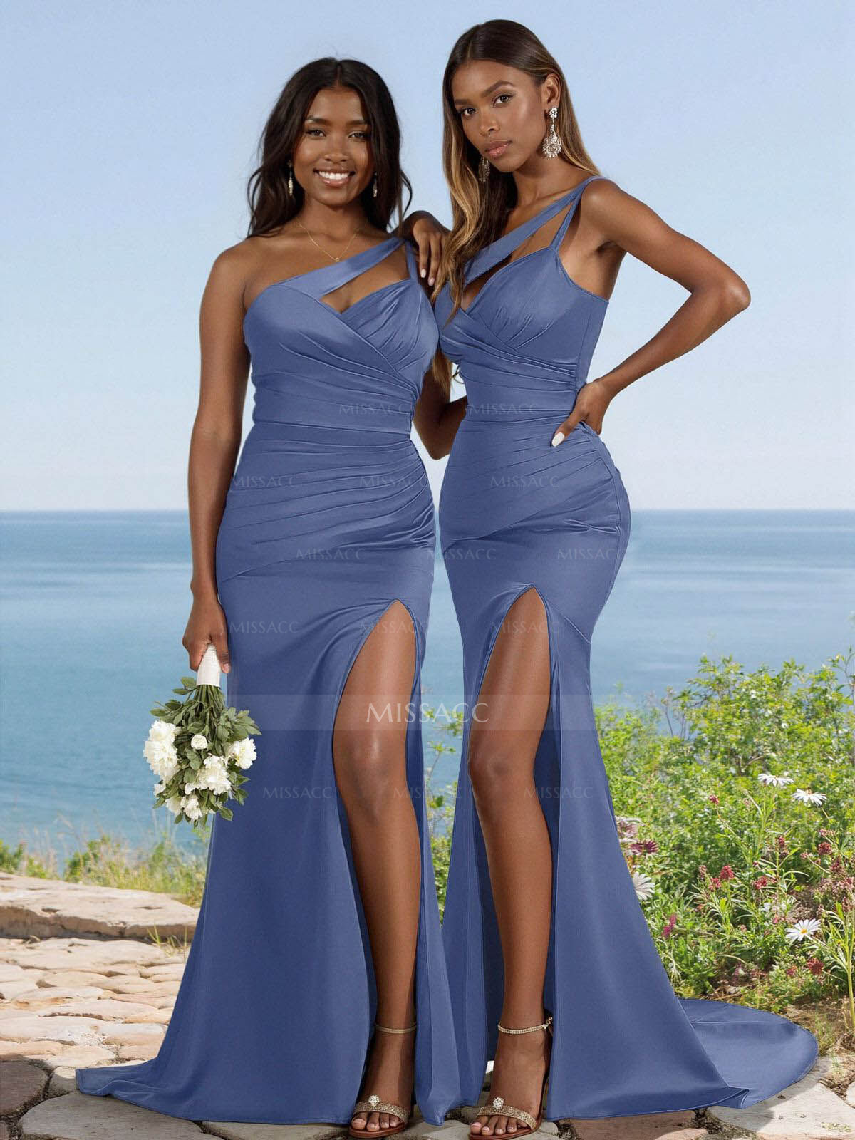 Flattering One-Shoulder Spaghetti Straps Fit And Flare Bridesmaid Dresses With Ruched Flattering One-Shoulder Spaghetti Straps Fit And Flare Bridesmaid Dresses With Ruched