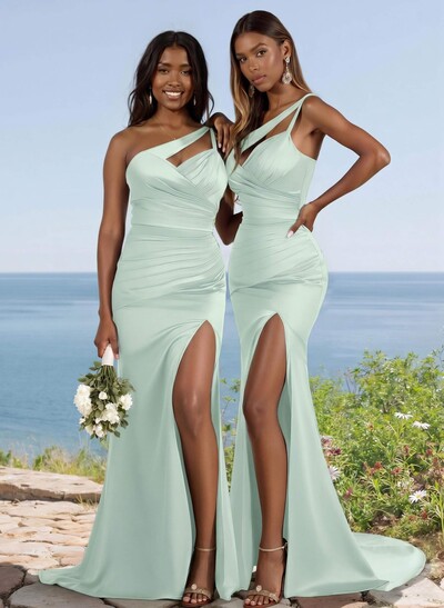 Flattering One-Shoulder Spaghetti Straps Fit And Flare Bridesmaid Dresses With Ruched