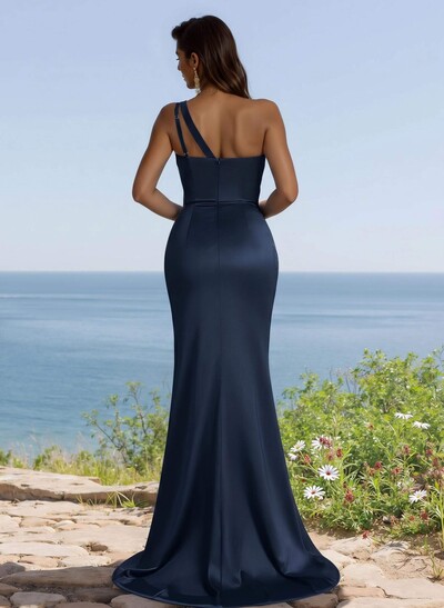 Flattering One-Shoulder Spaghetti Straps Fit And Flare Bridesmaid Dresses With Ruched