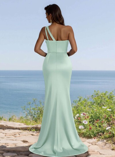 Flattering One-Shoulder Spaghetti Straps Fit And Flare Bridesmaid Dresses With Ruched