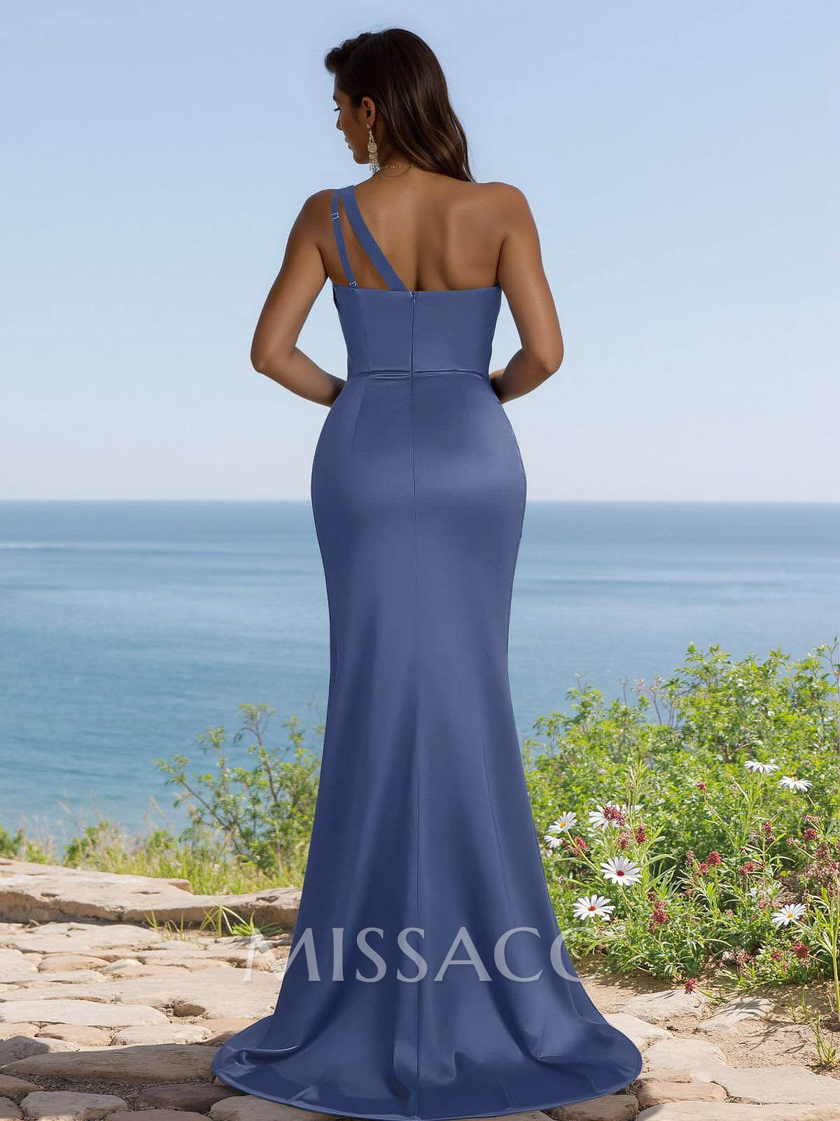 Flattering One-Shoulder Spaghetti Straps Fit And Flare Bridesmaid Dresses With Ruched Flattering One-Shoulder Spaghetti Straps Fit And Flare Bridesmaid Dresses With Ruched