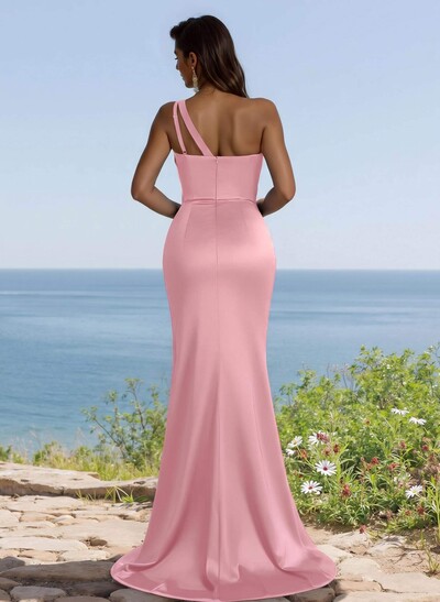 Flattering One-Shoulder Spaghetti Straps Fit And Flare Bridesmaid Dresses With Ruched
