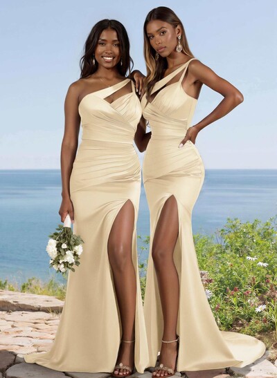 Flattering One-Shoulder Spaghetti Straps Fit And Flare Bridesmaid Dresses With Ruched