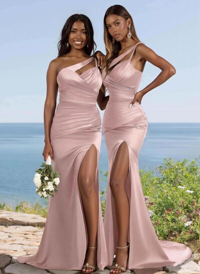 Flattering One-Shoulder Spaghetti Straps Fit And Flare Bridesmaid Dresses With Ruched