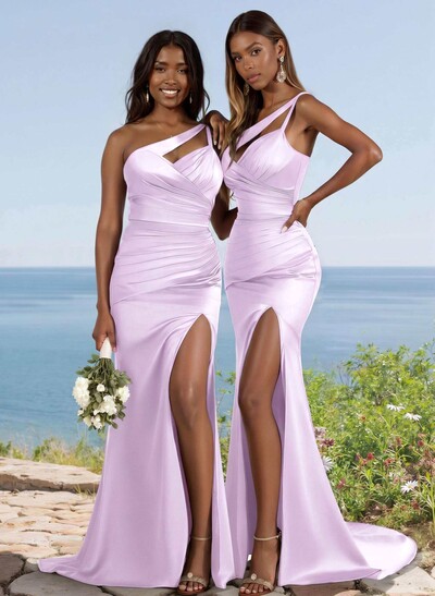 Flattering One-Shoulder Spaghetti Straps Fit And Flare Bridesmaid Dresses With Ruched