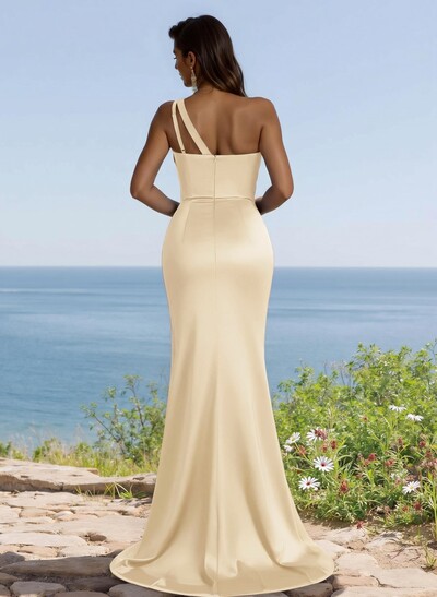Flattering One-Shoulder Spaghetti Straps Fit And Flare Bridesmaid Dresses With Ruched