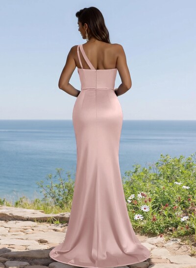 Flattering One-Shoulder Spaghetti Straps Fit And Flare Bridesmaid Dresses With Ruched