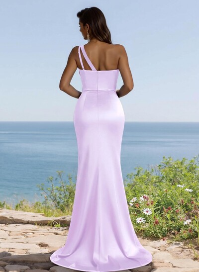 Flattering One-Shoulder Spaghetti Straps Fit And Flare Bridesmaid Dresses With Ruched