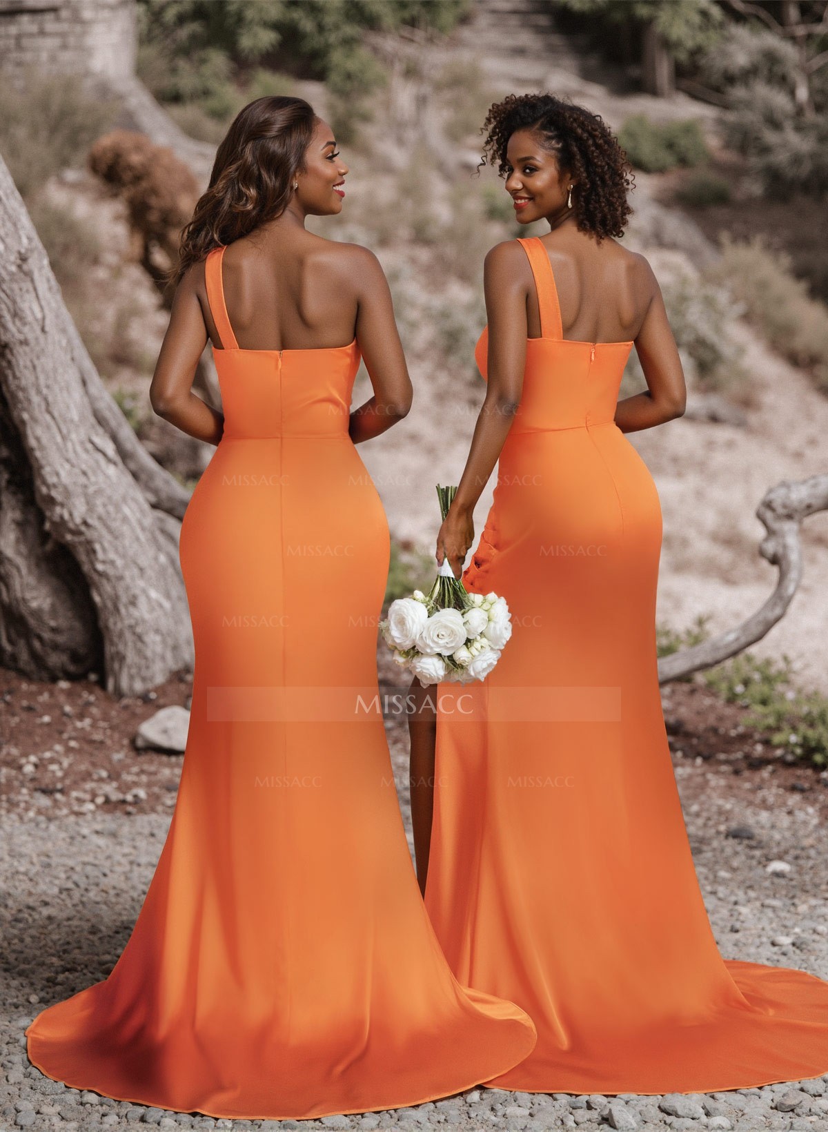 Ruched One-Shoulder Fit And Flare Satin Bridesmaid Dresses With Side Slit