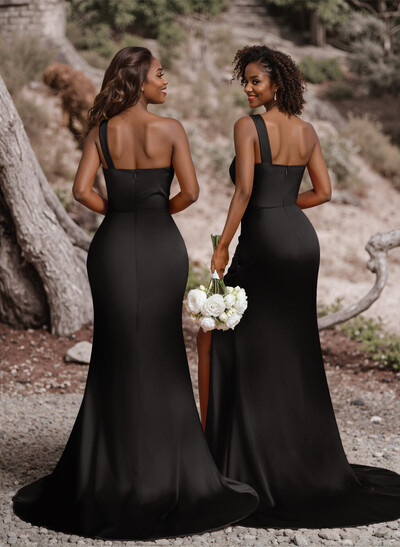 Ruched One-Shoulder Fit And Flare Silk Like Satin Bridesmaid Dresses With Side Slit