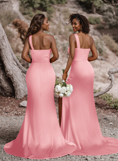 Ruched One-Shoulder Fit And Flare Silk Like Satin Bridesmaid Dresses With Side Slit