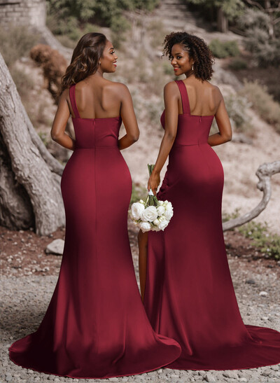 Ruched One-Shoulder Fit And Flare Silk Like Satin Bridesmaid Dresses With Side Slit
