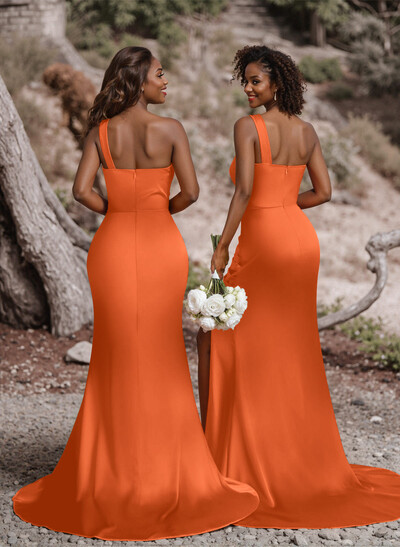 Ruched One-Shoulder Fit And Flare Silk Like Satin Bridesmaid Dresses With Side Slit