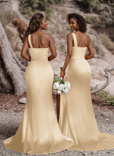 Ruched One-Shoulder Fit And Flare Silk Like Satin Bridesmaid Dresses With Side Slit