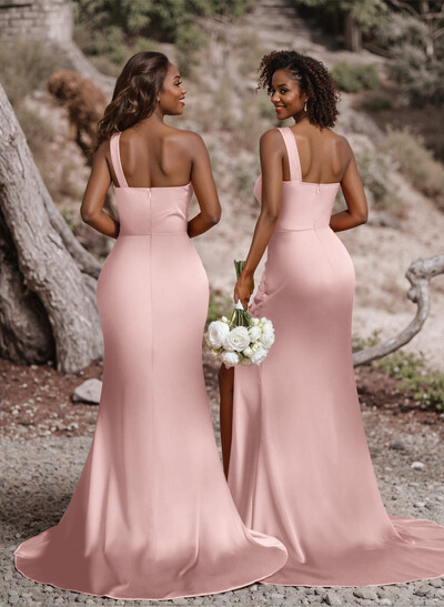Ruched One-Shoulder Fit And Flare Silk Like Satin Bridesmaid Dresses With Side Slit