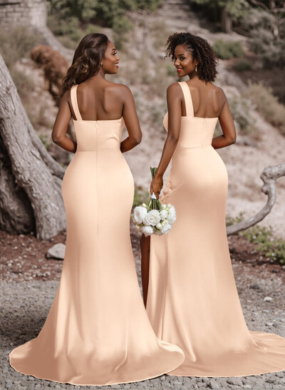 Ruched One-Shoulder Fit And Flare Silk Like Satin Bridesmaid Dresses With Side Slit