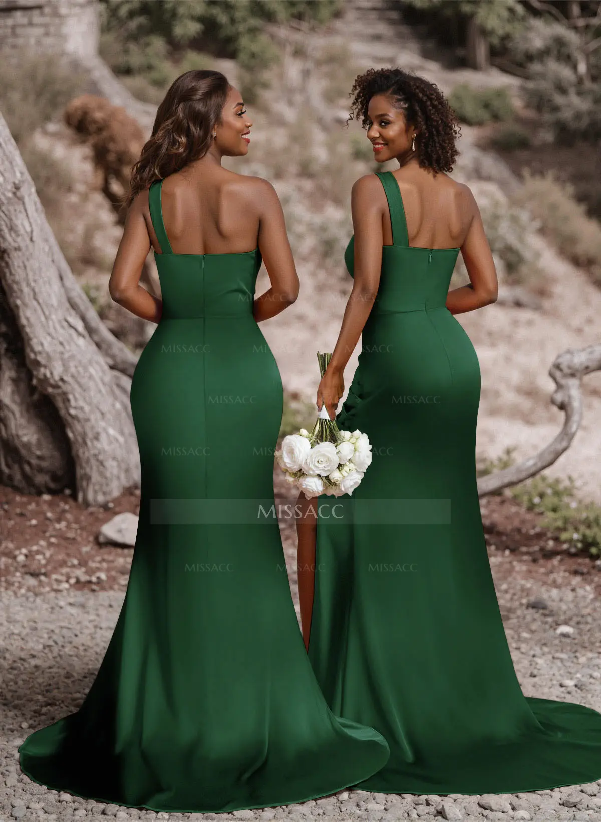 Ruched One-Shoulder Fit And Flare Silk Like Satin Bridesmaid Dresses With  Side Slit - Missacc