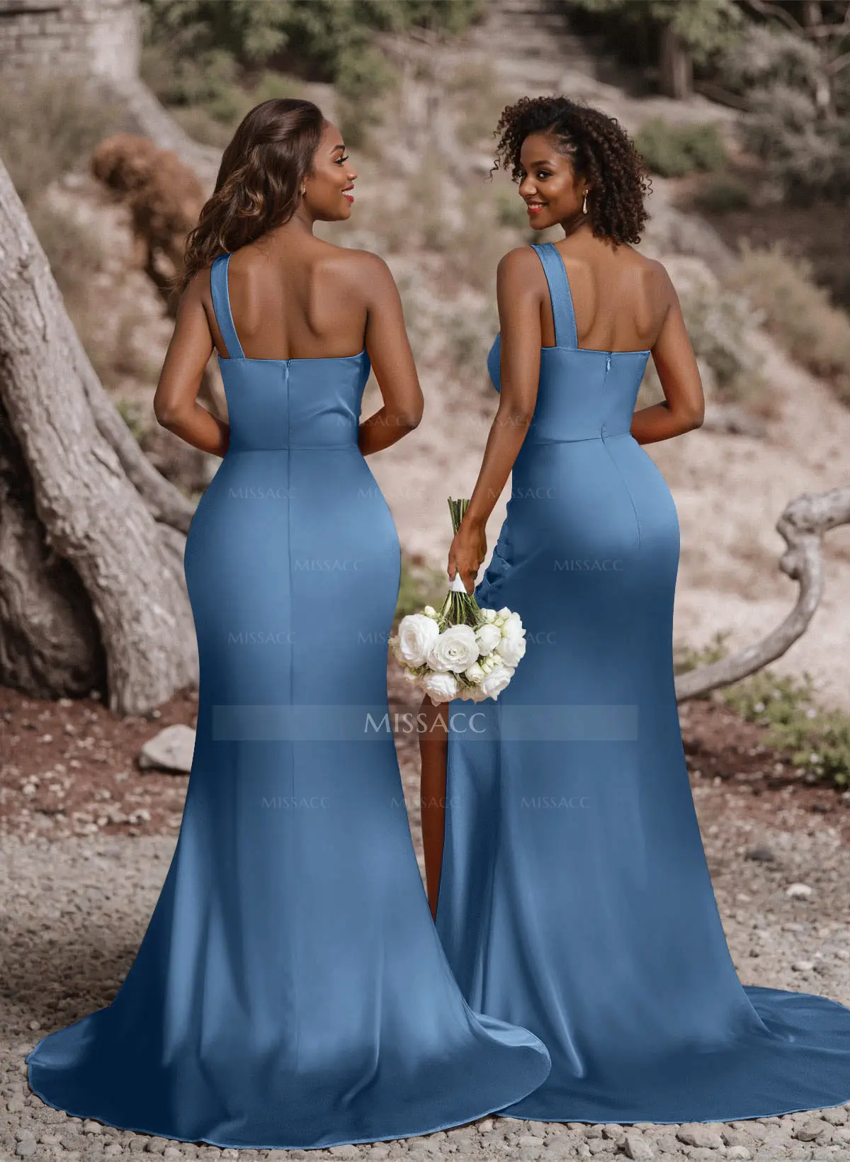 Ruched One-Shoulder Fit And Flare Silk Like Satin Bridesmaid Dresses With Side Slit - Missacc Ruched One-Shoulder Fit And Flare Silk Like Satin Bridesmaid Dresses With Side Slit - Missacc
