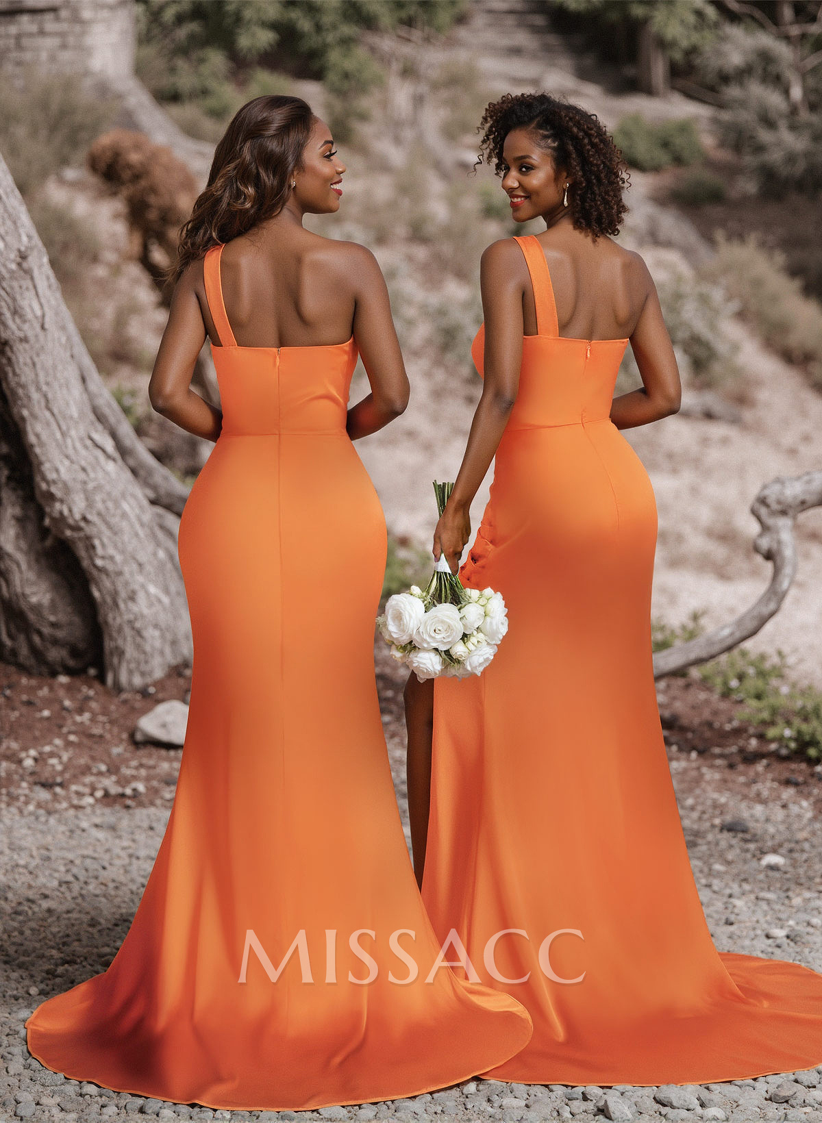 Ruched One-Shoulder Fit And Flare Silk Like Satin Bridesmaid Dresses With Side Slit Ruched One-Shoulder Fit And Flare Silk Like Satin Bridesmaid Dresses With Side Slit