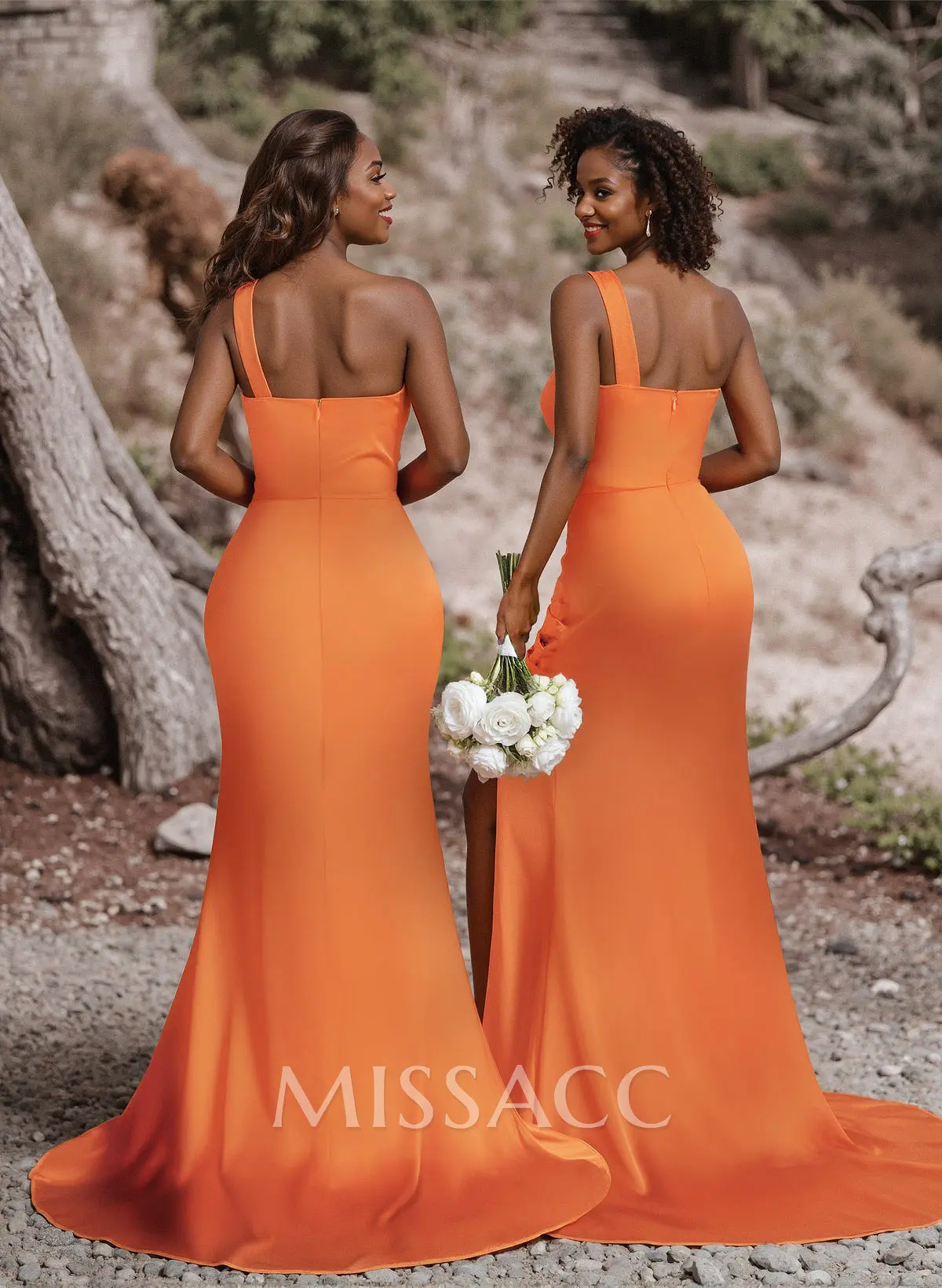 Ruched One-Shoulder Fit And Flare Silk Like Satin Bridesmaid Dresses With  Side Slit
