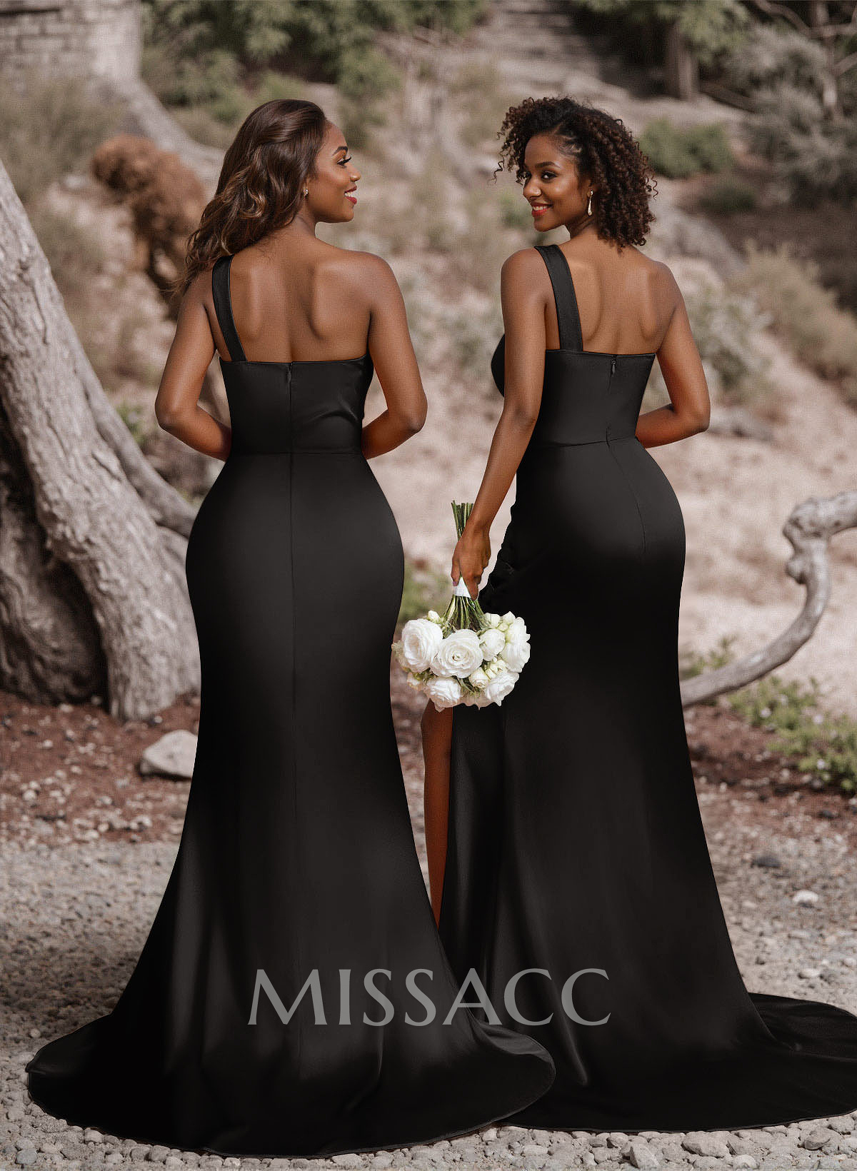 Ruched One-Shoulder Fit And Flare Silk Like Satin Bridesmaid Dresses With Side Slit