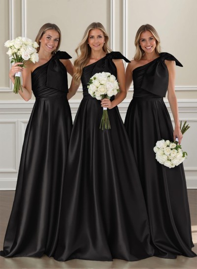 Ruched A-Line One-Shoulder Satin Bridesmaid Dresses With Bow(s)